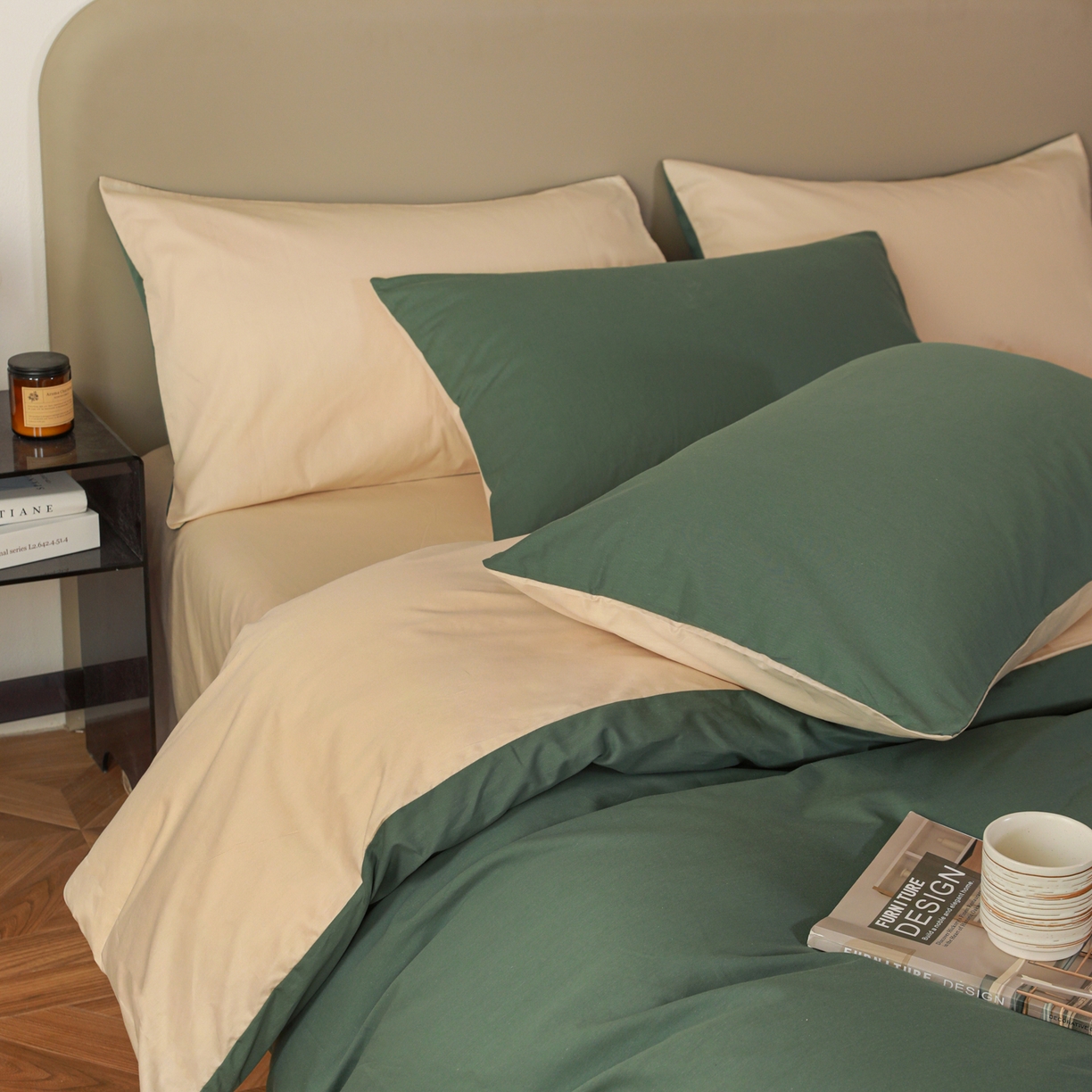 91家纺网 家纺一手货源 找家纺 盛馨家纺 2026新款40长绒棉ins美拉德色系纯色双拼全棉单品四件套单人纯色三件套 松绿+杏仁色