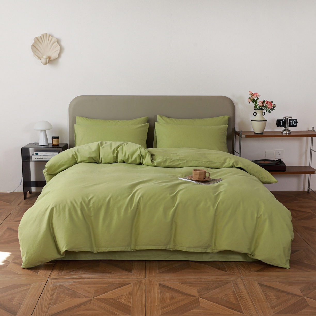 91家纺网 家纺一手货源 找家纺 盛馨家纺 2026新款40长绒棉ins美拉德色系纯色双拼全棉单品四件套单人纯色三件套 豆绿