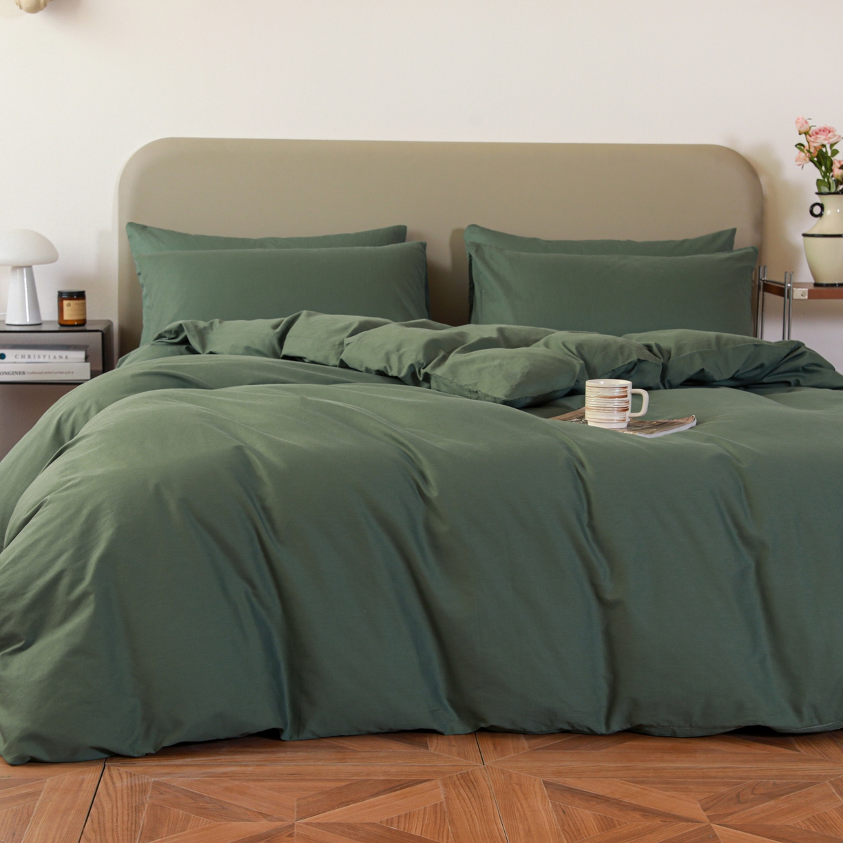 91家纺网 家纺一手货源 找家纺 盛馨家纺 2026新款40长绒棉ins美拉德色系纯色双拼全棉单品四件套单人纯色三件套 松绿