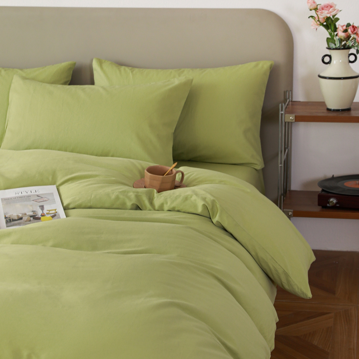 91家纺网 家纺一手货源 找家纺 盛馨家纺 2026新款40长绒棉ins美拉德色系纯色双拼全棉单品四件套单人纯色三件套 豆绿