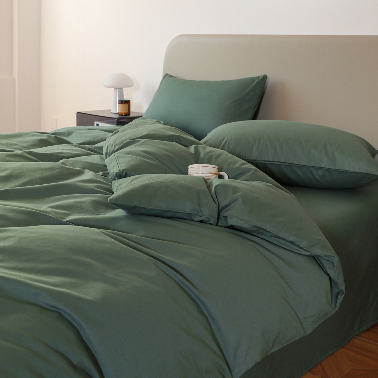 91家纺网 家纺一手货源 找家纺 盛馨家纺 2026新款40长绒棉ins美拉德色系纯色双拼全棉单品四件套单人纯色三件套 松绿