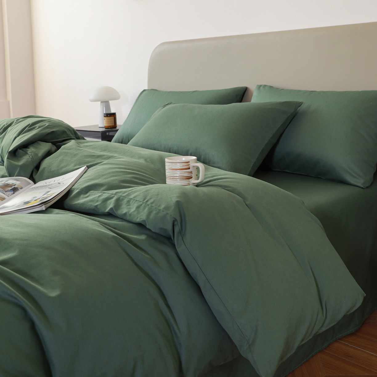 91家纺网 家纺一手货源 找家纺 盛馨家纺 2026新款40长绒棉ins美拉德色系纯色双拼全棉单品四件套单人纯色三件套 松绿