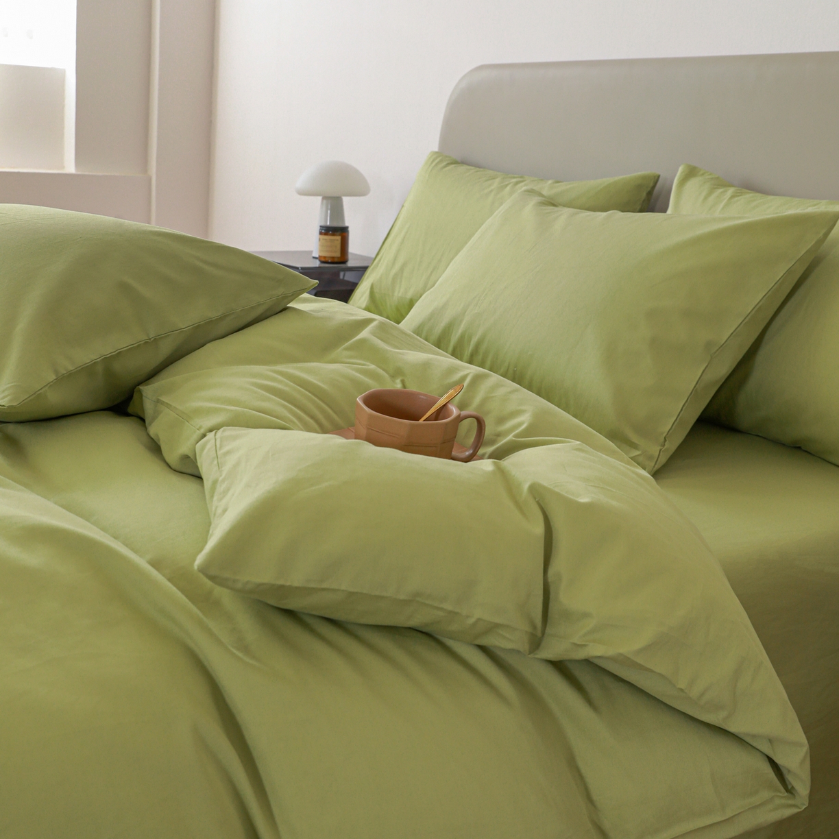 91家纺网 家纺一手货源 找家纺 盛馨家纺 2026新款40长绒棉ins美拉德色系纯色双拼全棉单品四件套单人纯色三件套 豆绿