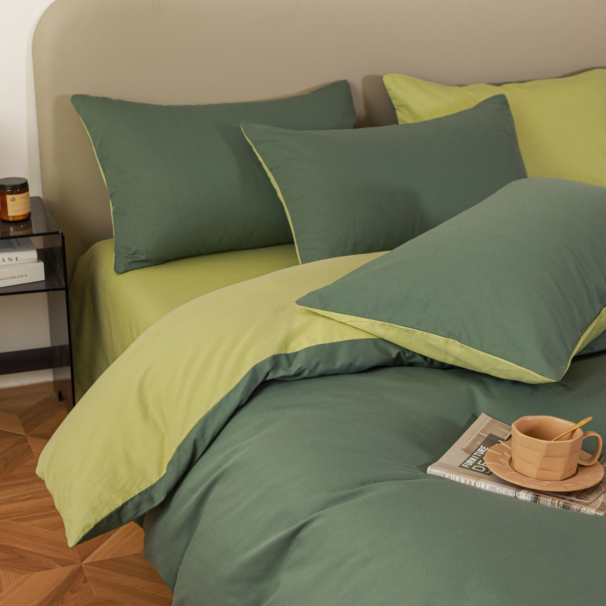 91家纺网 家纺一手货源 找家纺 盛馨家纺 2026新款40长绒棉ins美拉德色系纯色双拼全棉单品四件套单人纯色三件套 松绿+豆绿