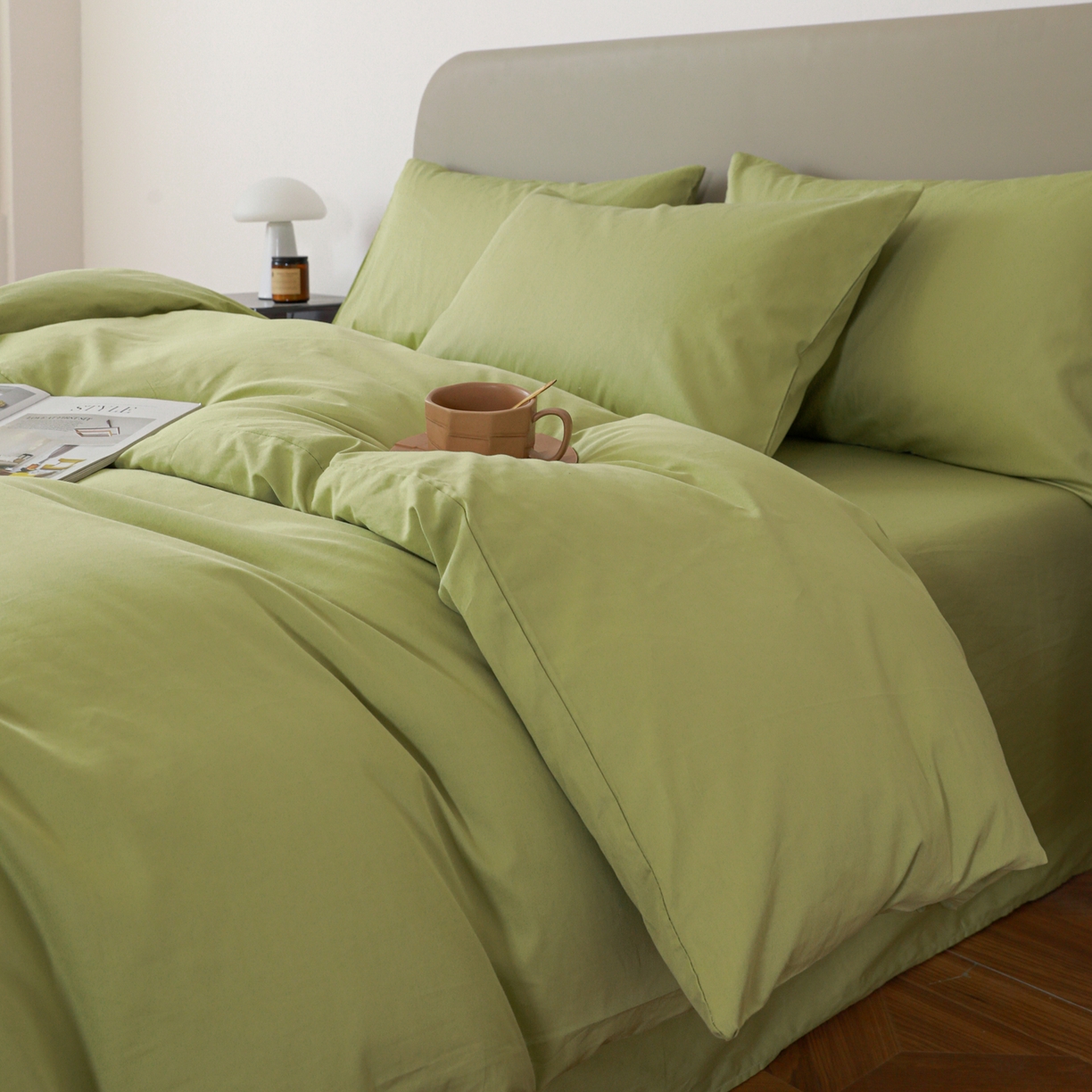 91家纺网 家纺一手货源 找家纺 盛馨家纺 2026新款40长绒棉ins美拉德色系纯色双拼全棉单品四件套单人纯色三件套 豆绿