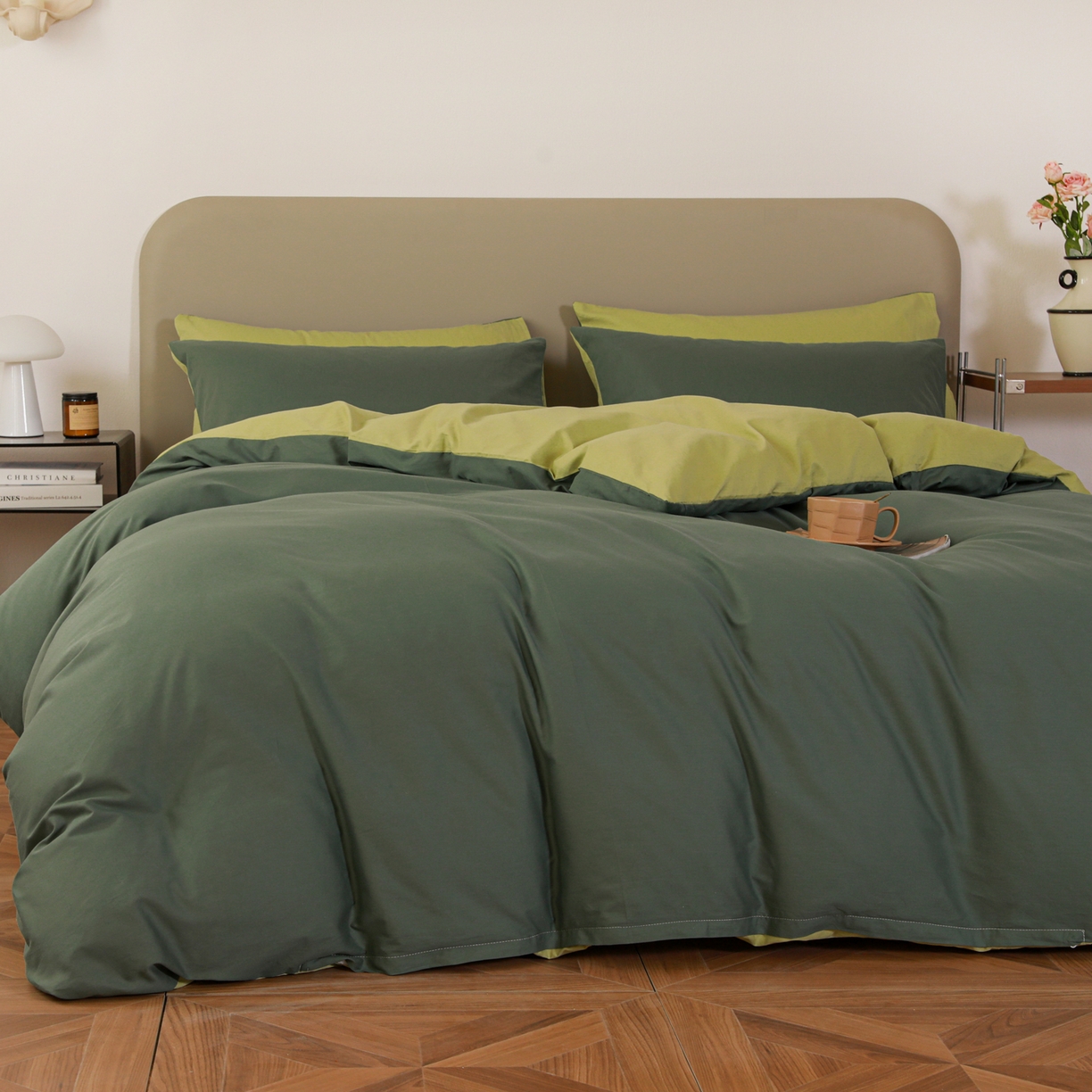 91家纺网 家纺一手货源 找家纺 盛馨家纺 2026新款40长绒棉ins美拉德色系纯色双拼全棉单品四件套单人纯色三件套 松绿+豆绿