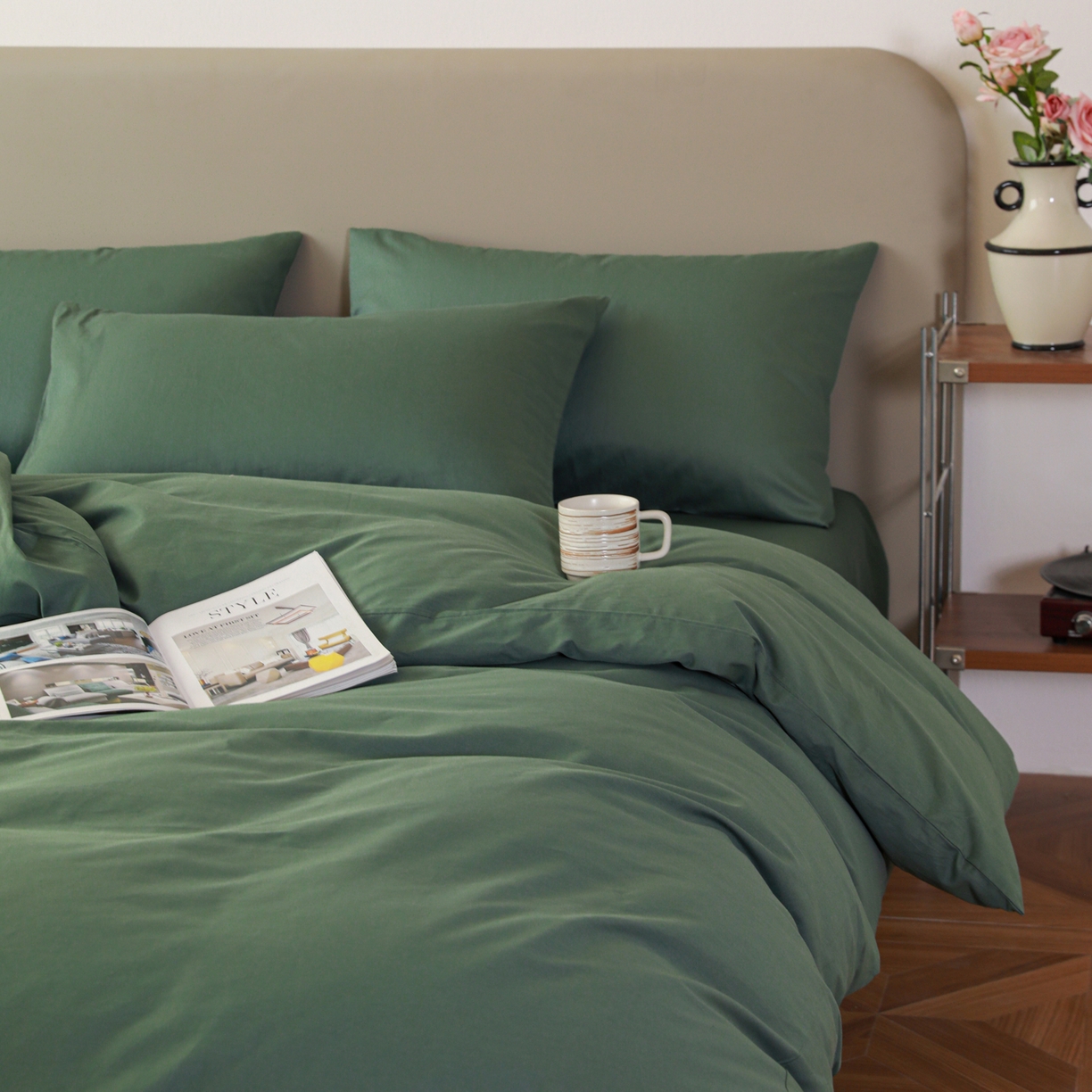 91家纺网 家纺一手货源 找家纺 盛馨家纺 2026新款40长绒棉ins美拉德色系纯色双拼全棉单品四件套单人纯色三件套 松绿