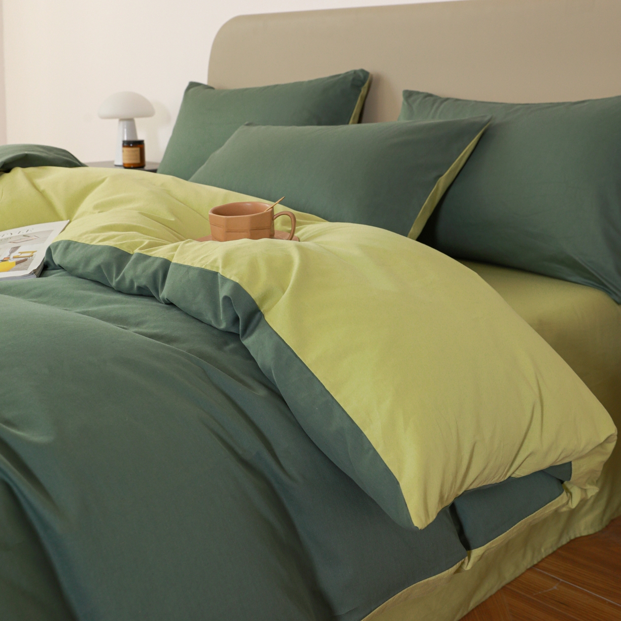 91家纺网 家纺一手货源 找家纺 盛馨家纺 2026新款40长绒棉ins美拉德色系纯色双拼全棉单品四件套单人纯色三件套 松绿+豆绿