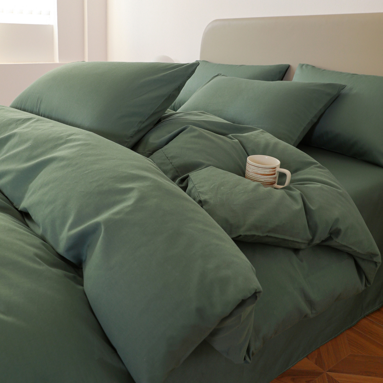 91家纺网 家纺一手货源 找家纺 盛馨家纺 2026新款40长绒棉ins美拉德色系纯色双拼全棉单品四件套单人纯色三件套 松绿