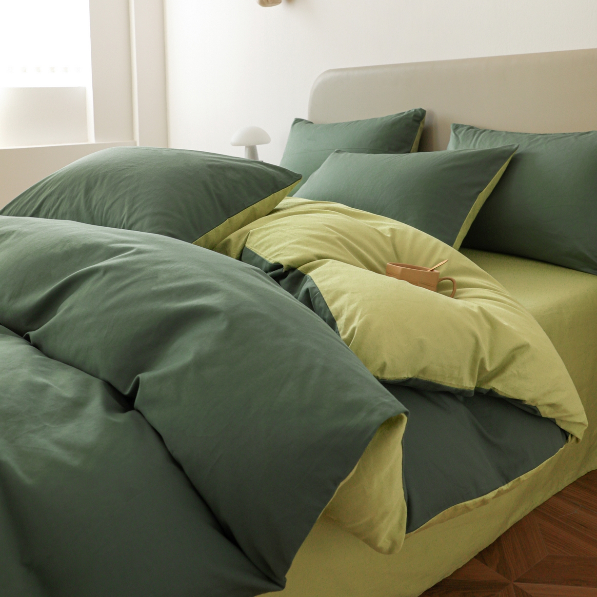 91家纺网 家纺一手货源 找家纺 盛馨家纺 2026新款40长绒棉ins美拉德色系纯色双拼全棉单品四件套单人纯色三件套 松绿+豆绿