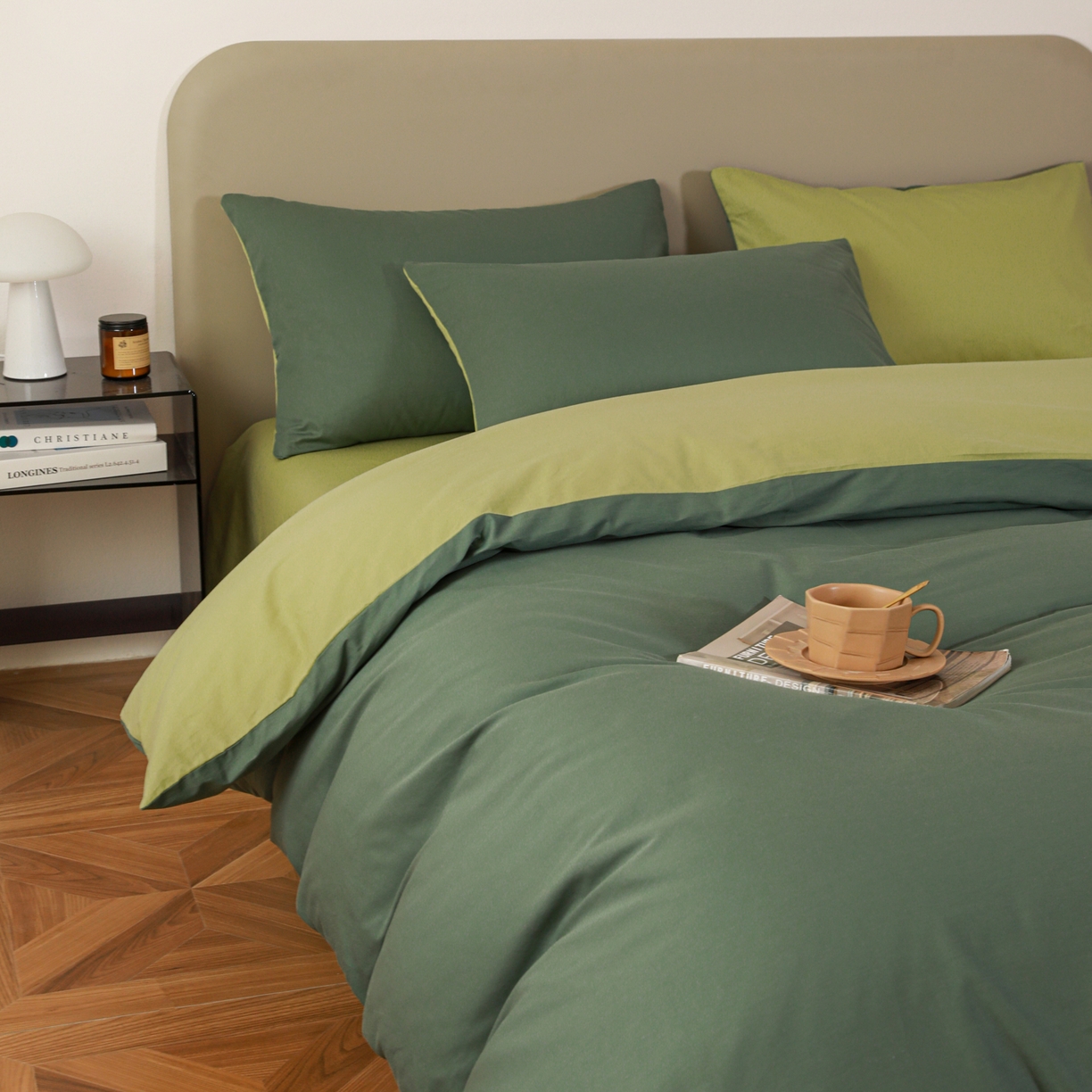 盛馨家纺 2026新款40长绒棉ins美拉德色系纯色双拼全棉单品四件套单人纯色三件套 松绿+豆绿
