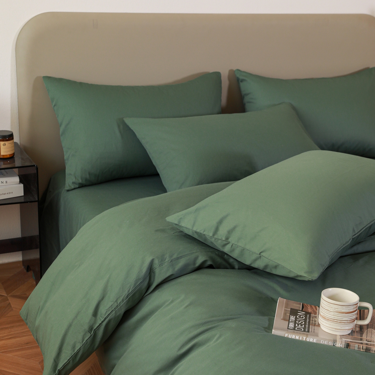 91家纺网 家纺一手货源 找家纺 盛馨家纺 2026新款40长绒棉ins美拉德色系纯色双拼全棉单品四件套单人纯色三件套 松绿