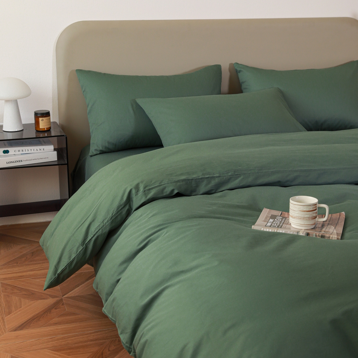 盛馨家纺 2026新款40长绒棉ins美拉德色系纯色双拼全棉单品四件套单人纯色三件套 松绿