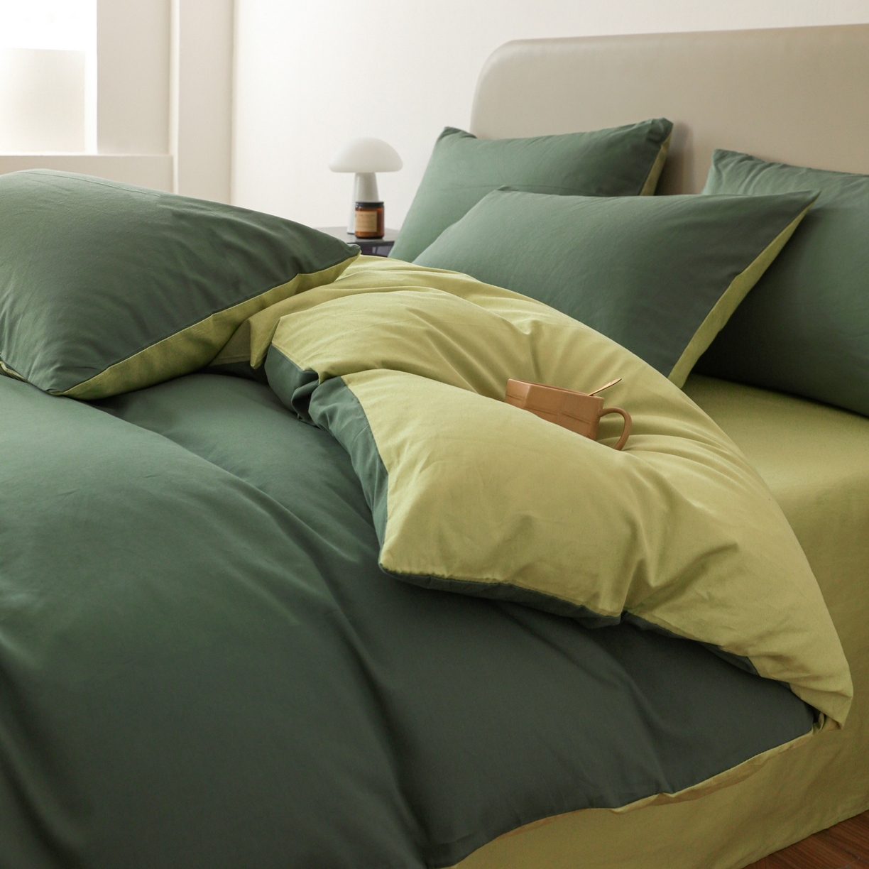 91家纺网 家纺一手货源 找家纺 盛馨家纺 2026新款40长绒棉ins美拉德色系纯色双拼全棉单品四件套单人纯色三件套 松绿+豆绿