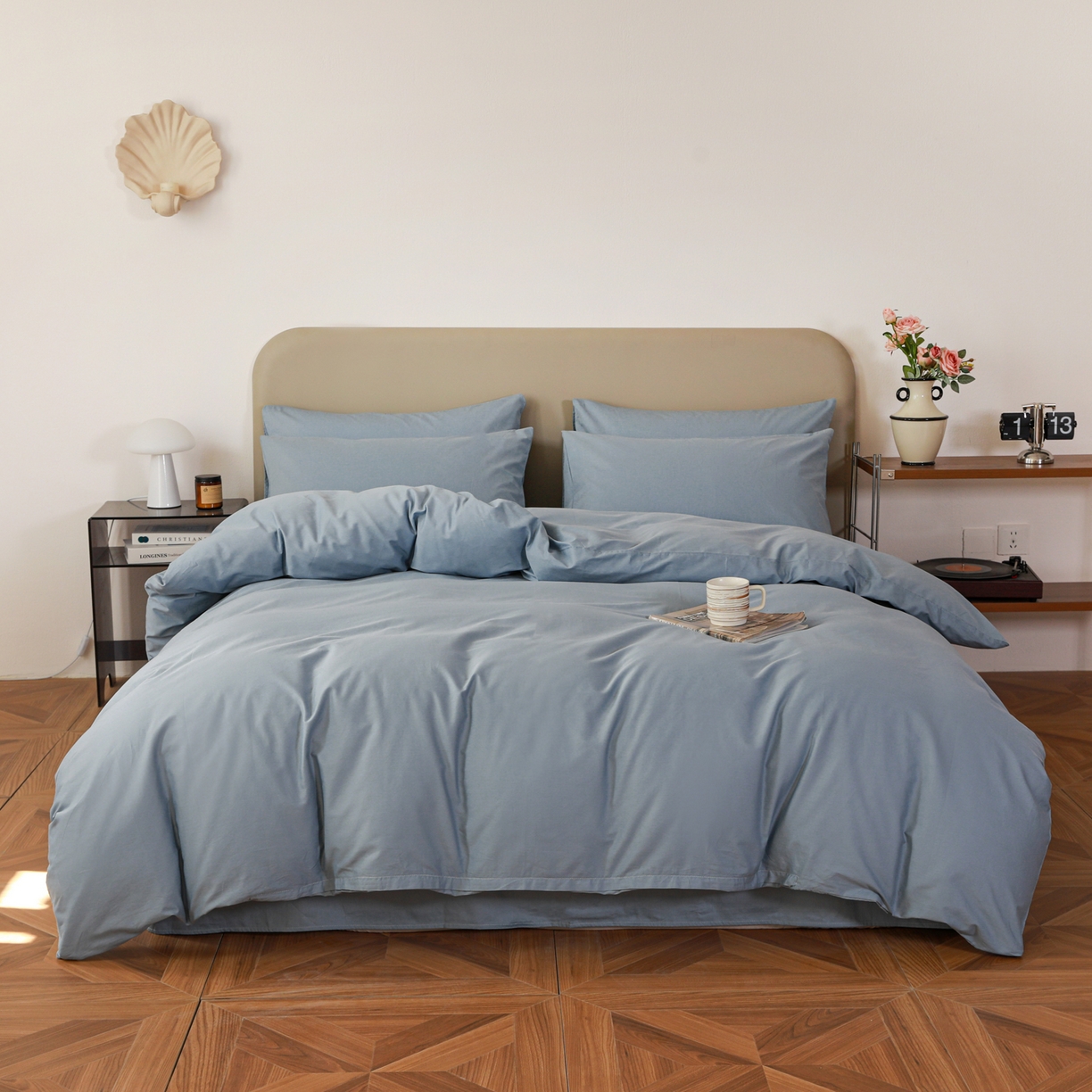 91家纺网 家纺一手货源 找家纺 盛馨家纺 2026新款40长绒棉ins美拉德色系纯色双拼全棉单品四件套单人纯色三件套 晴蓝