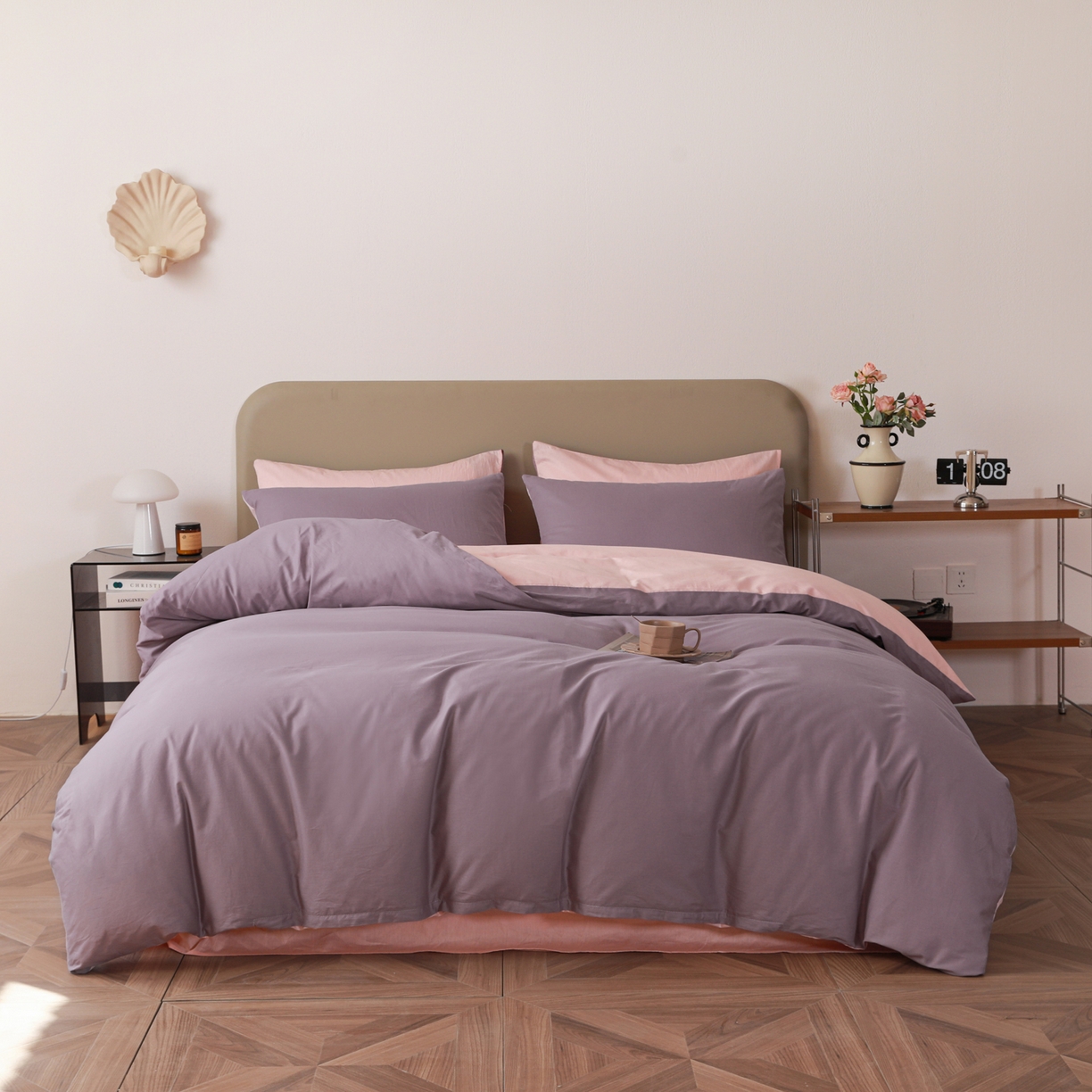 91家纺网 家纺一手货源 找家纺 盛馨家纺 2026新款40长绒棉ins美拉德色系纯色双拼全棉单品四件套单人纯色三件套 茄花紫+桃夭