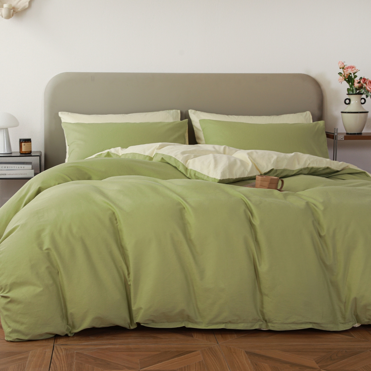 91家纺网 家纺一手货源 找家纺 盛馨家纺 2026新款40长绒棉ins美拉德色系纯色双拼全棉单品四件套单人纯色三件套 豆绿+嫩黄