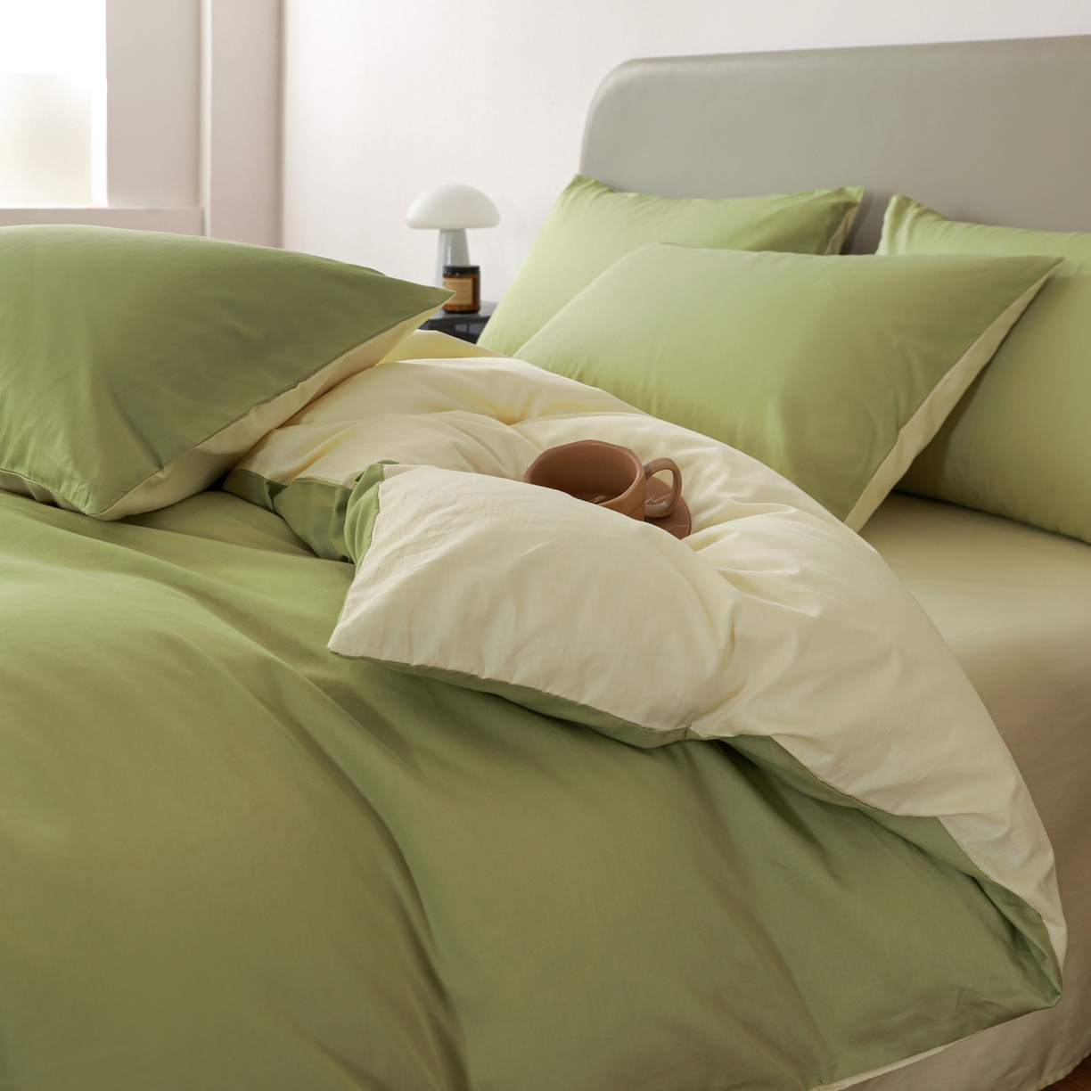 91家纺网 家纺一手货源 找家纺 盛馨家纺 2026新款40长绒棉ins美拉德色系纯色双拼全棉单品四件套单人纯色三件套 豆绿+嫩黄
