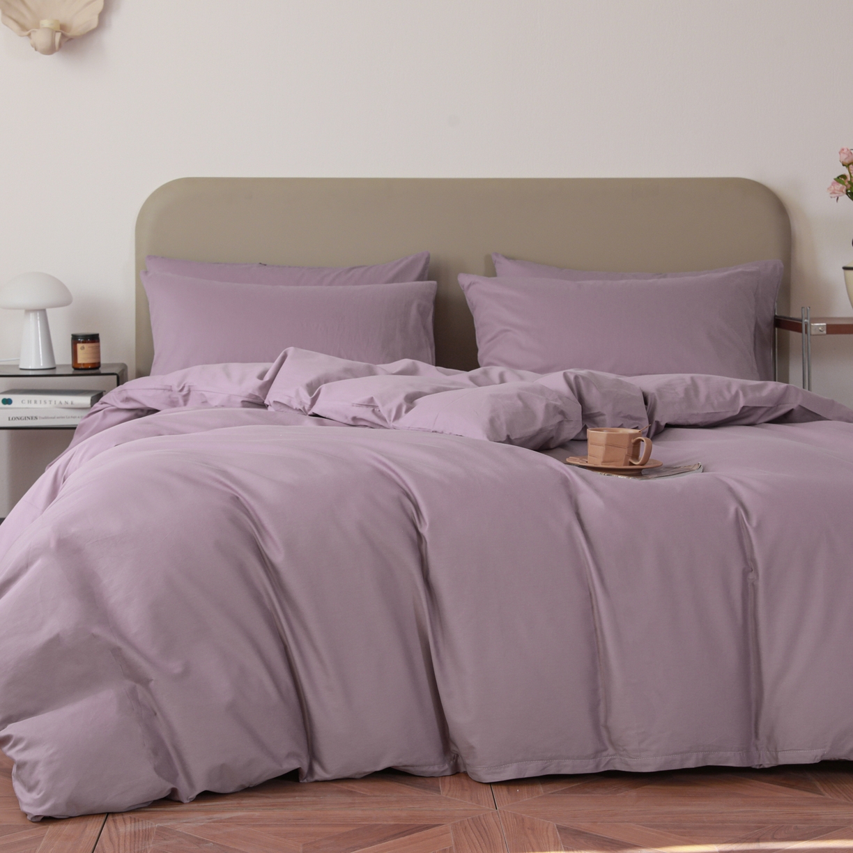 91家纺网 家纺一手货源 找家纺 盛馨家纺 2026新款40长绒棉ins美拉德色系纯色双拼全棉单品四件套单人纯色三件套 茄花紫