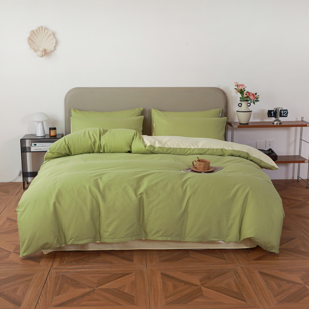 91家纺网 家纺一手货源 找家纺 盛馨家纺 2026新款40长绒棉ins美拉德色系纯色双拼全棉单品四件套单人纯色三件套 豆绿+嫩黄