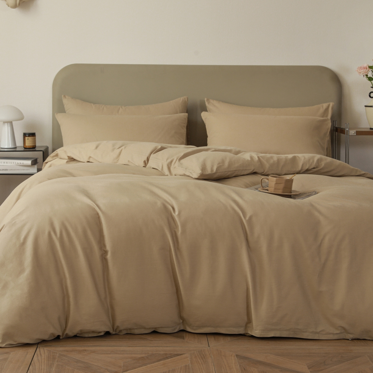 91家纺网 家纺一手货源 找家纺 盛馨家纺 2026新款40长绒棉ins美拉德色系纯色双拼全棉单品四件套单人纯色三件套 白茶