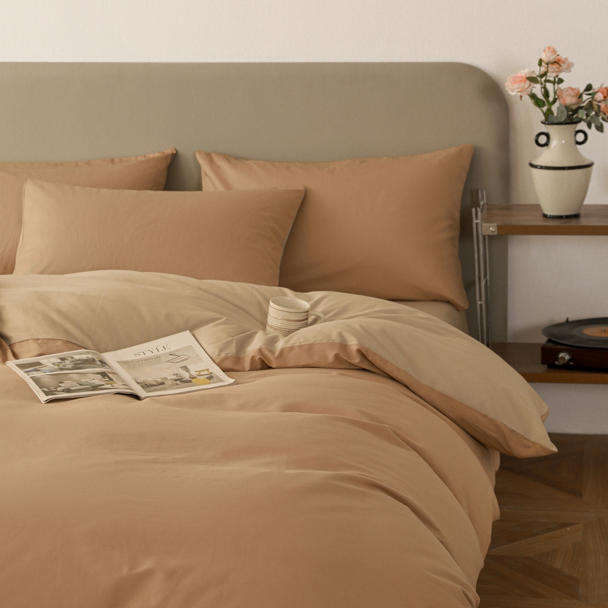 91家纺网 家纺一手货源 找家纺 盛馨家纺 2026新款40长绒棉ins美拉德色系纯色双拼全棉单品四件套单人纯色三件套 黄琉璃+云光黄