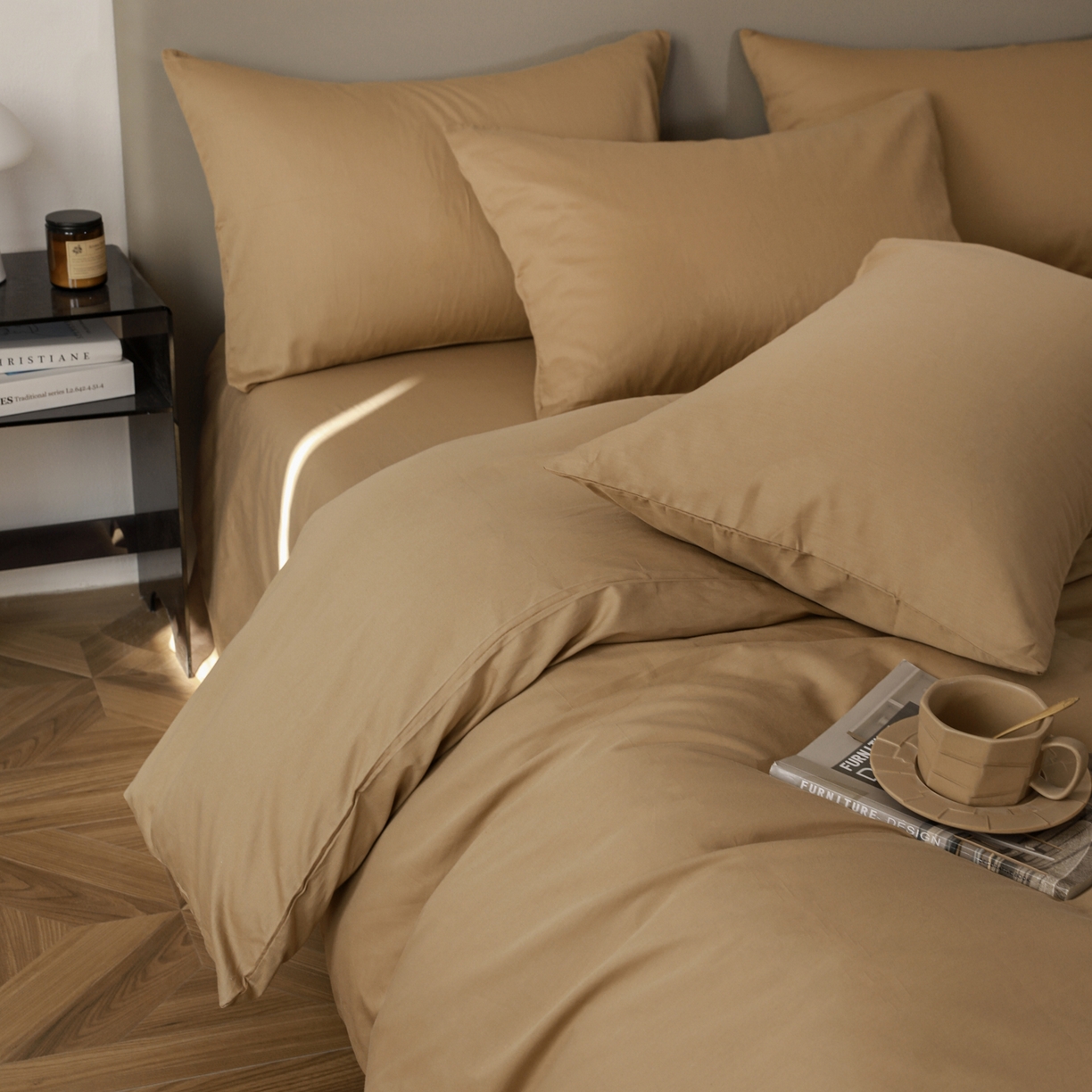 91家纺网 家纺一手货源 找家纺 盛馨家纺 2026新款40长绒棉ins美拉德色系纯色双拼全棉单品四件套单人纯色三件套 桃木心