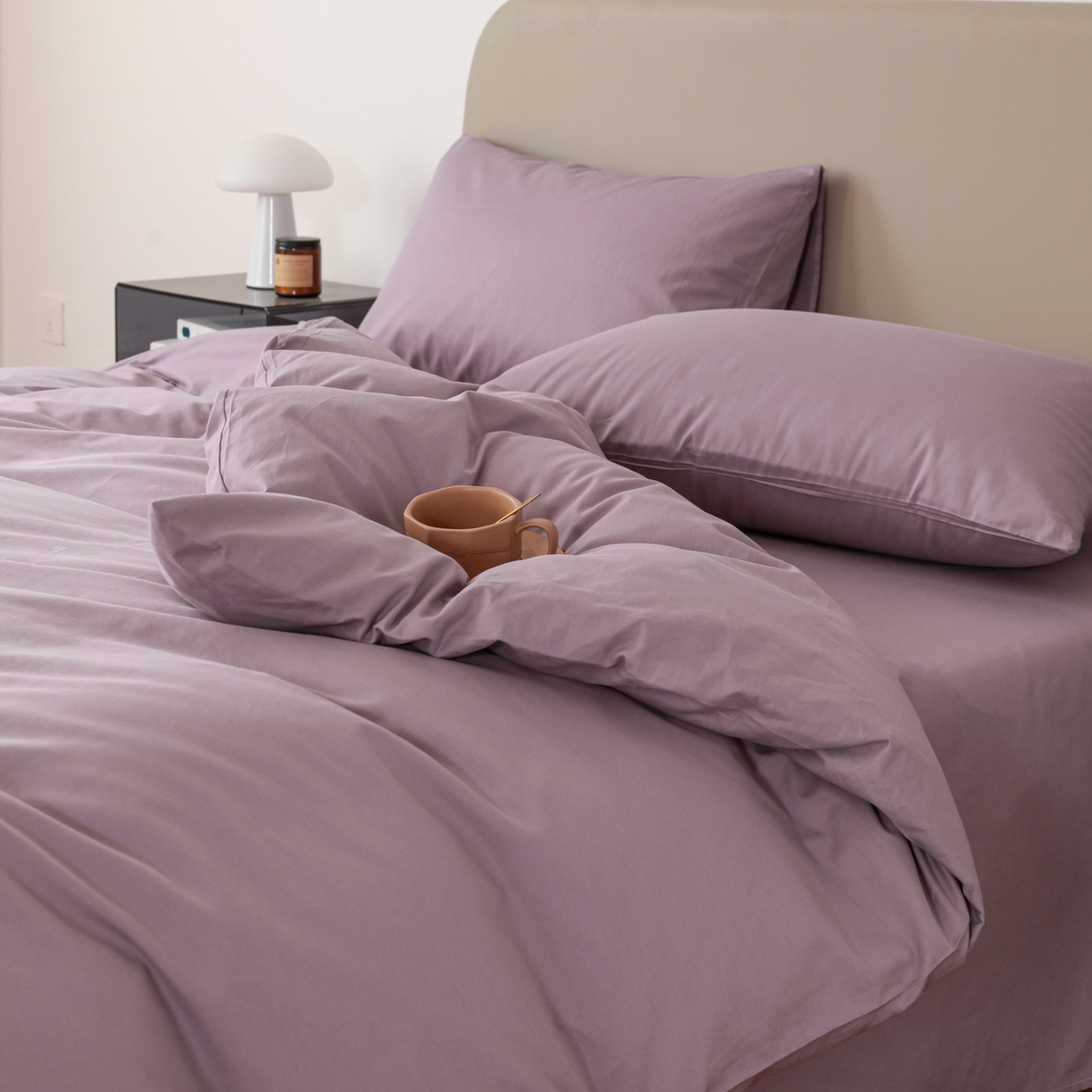 91家纺网 家纺一手货源 找家纺 盛馨家纺 2026新款40长绒棉ins美拉德色系纯色双拼全棉单品四件套单人纯色三件套 茄花紫