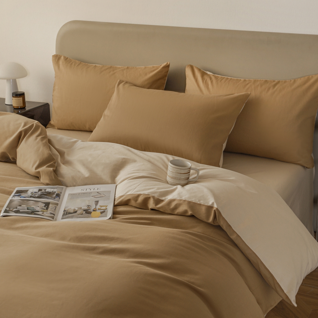 91家纺网 家纺一手货源 找家纺 盛馨家纺 2026新款40长绒棉ins美拉德色系纯色双拼全棉单品四件套单人纯色三件套 桃木心+杏仁色