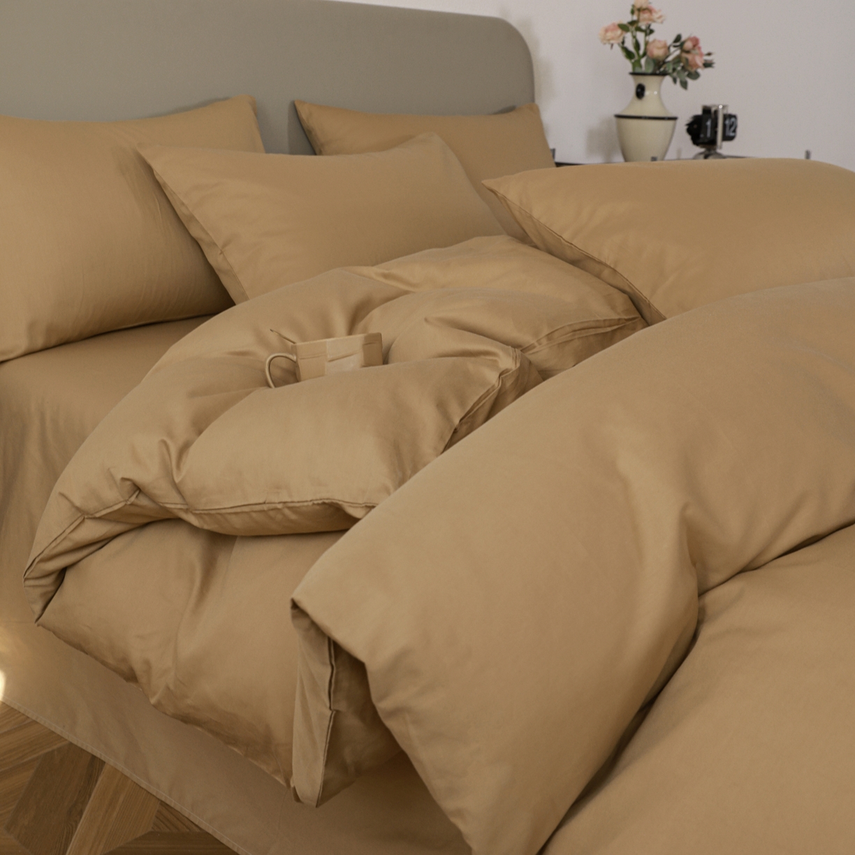 91家纺网 家纺一手货源 找家纺 盛馨家纺 2026新款40长绒棉ins美拉德色系纯色双拼全棉单品四件套单人纯色三件套 桃木心