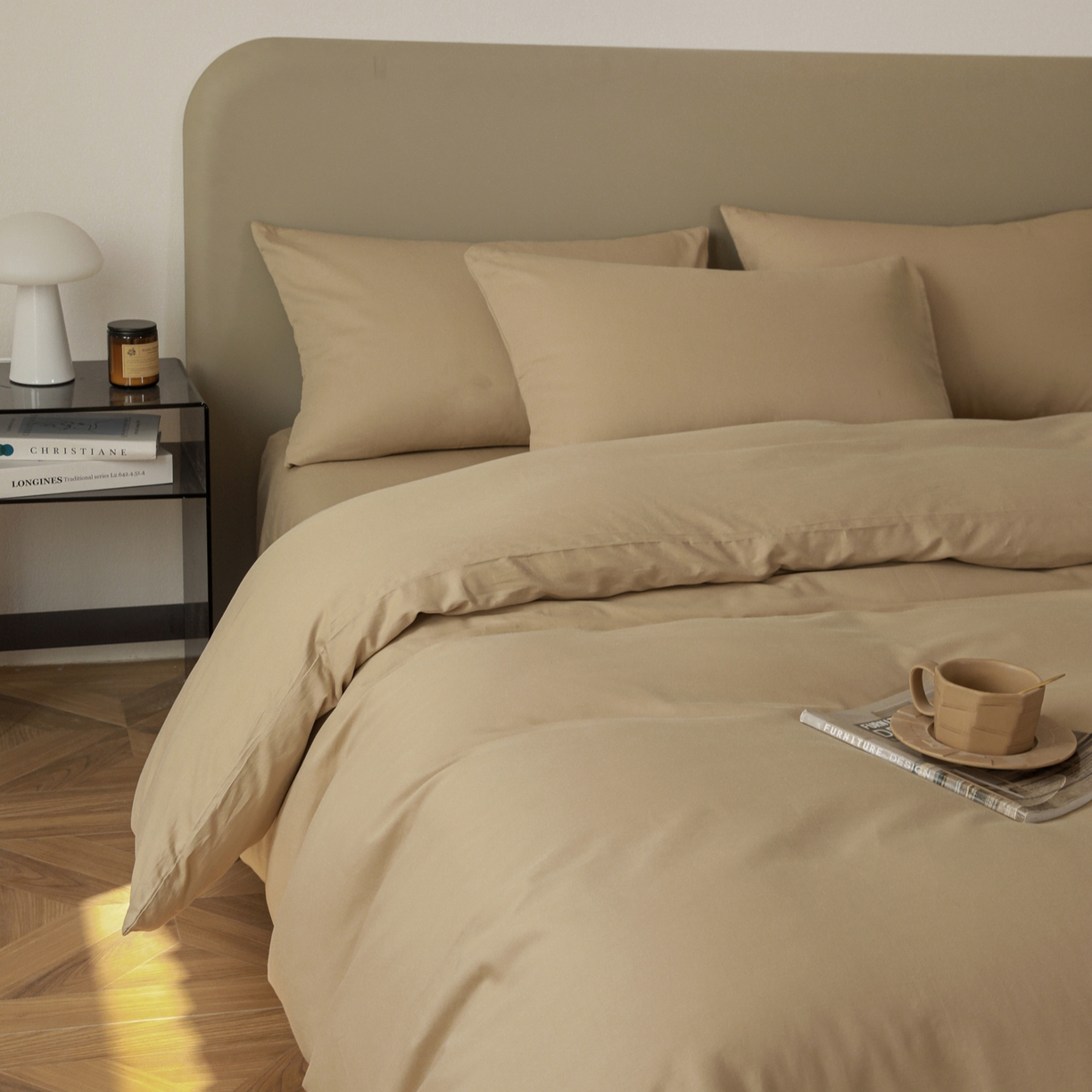 盛馨家纺 2026新款40长绒棉ins美拉德色系纯色双拼全棉单品四件套单人纯色三件套 白茶