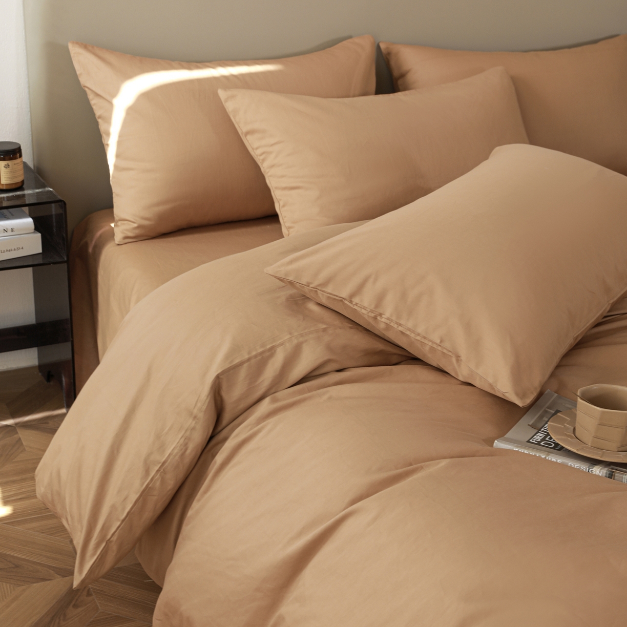 91家纺网 家纺一手货源 找家纺 盛馨家纺 2026新款40长绒棉ins美拉德色系纯色双拼全棉单品四件套单人纯色三件套 黄琉璃