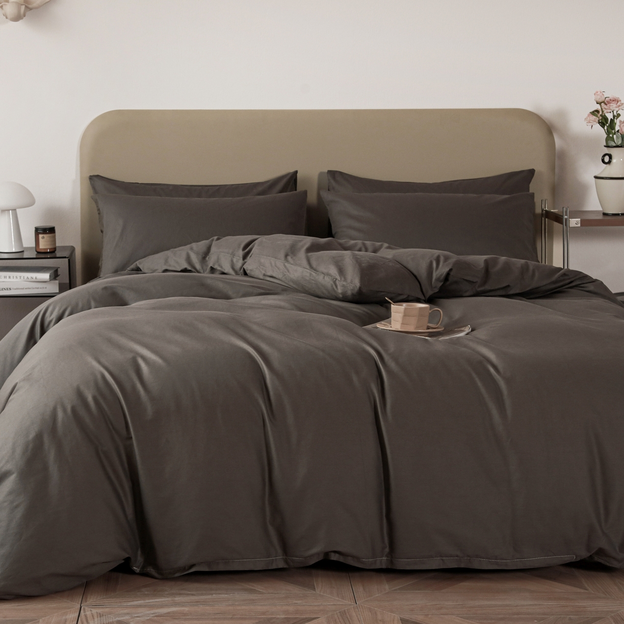 91家纺网 家纺一手货源 找家纺 盛馨家纺 2026新款40长绒棉ins美拉德色系纯色双拼全棉单品四件套单人纯色三件套 深麻灰