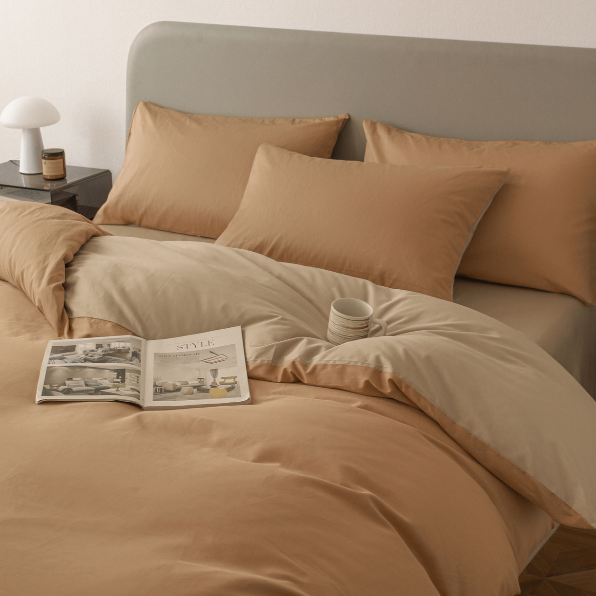 91家纺网 家纺一手货源 找家纺 盛馨家纺 2026新款40长绒棉ins美拉德色系纯色双拼全棉单品四件套单人纯色三件套 黄琉璃+云光黄