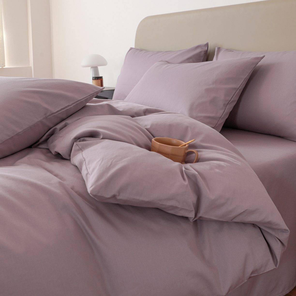 91家纺网 家纺一手货源 找家纺 盛馨家纺 2026新款40长绒棉ins美拉德色系纯色双拼全棉单品四件套单人纯色三件套 茄花紫