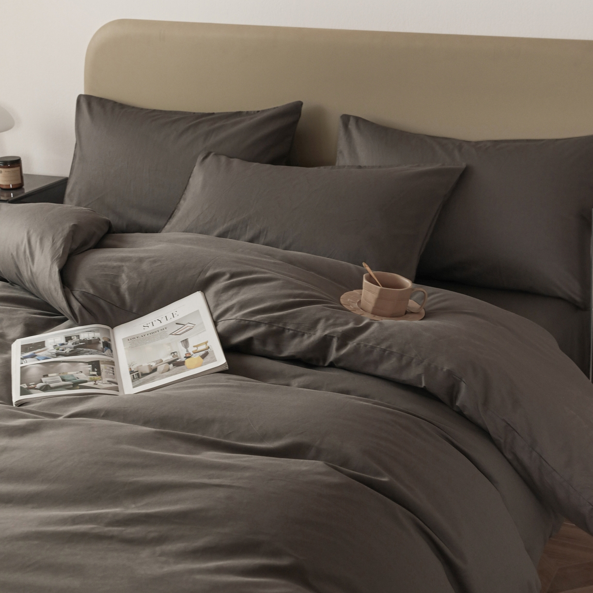 91家纺网 家纺一手货源 找家纺 盛馨家纺 2026新款40长绒棉ins美拉德色系纯色双拼全棉单品四件套单人纯色三件套 深麻灰