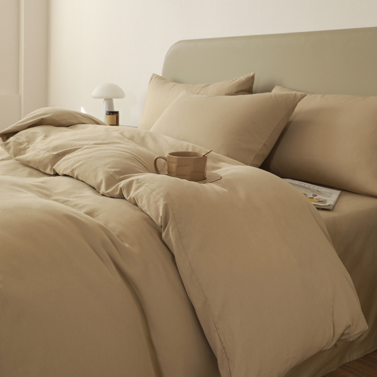 91家纺网 家纺一手货源 找家纺 盛馨家纺 2026新款40长绒棉ins美拉德色系纯色双拼全棉单品四件套单人纯色三件套 白茶