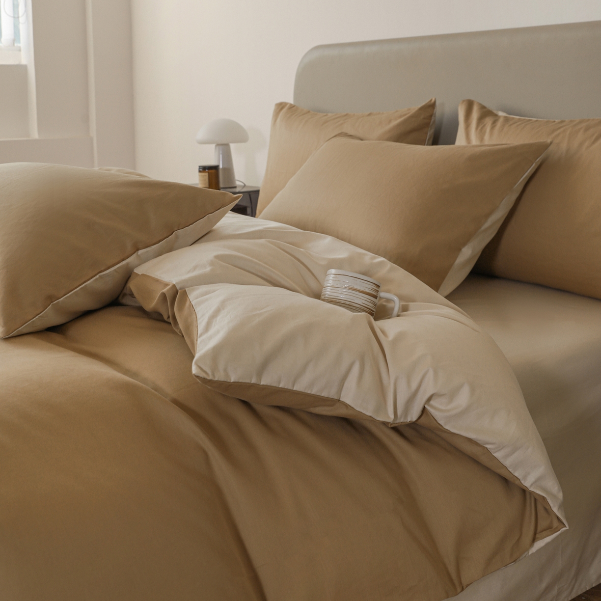 91家纺网 家纺一手货源 找家纺 盛馨家纺 2026新款40长绒棉ins美拉德色系纯色双拼全棉单品四件套单人纯色三件套 桃木心+杏仁色