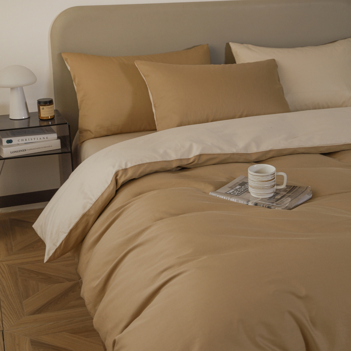 盛馨家纺 2026新款40长绒棉ins美拉德色系纯色双拼全棉单品四件套单人纯色三件套 桃木心+杏仁色