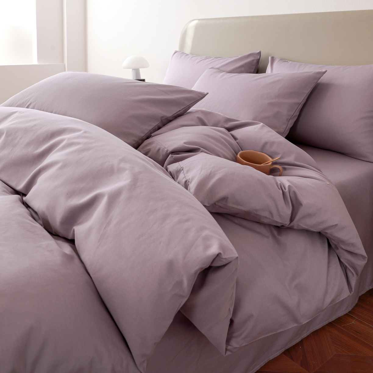 91家纺网 家纺一手货源 找家纺 盛馨家纺 2026新款40长绒棉ins美拉德色系纯色双拼全棉单品四件套单人纯色三件套 茄花紫