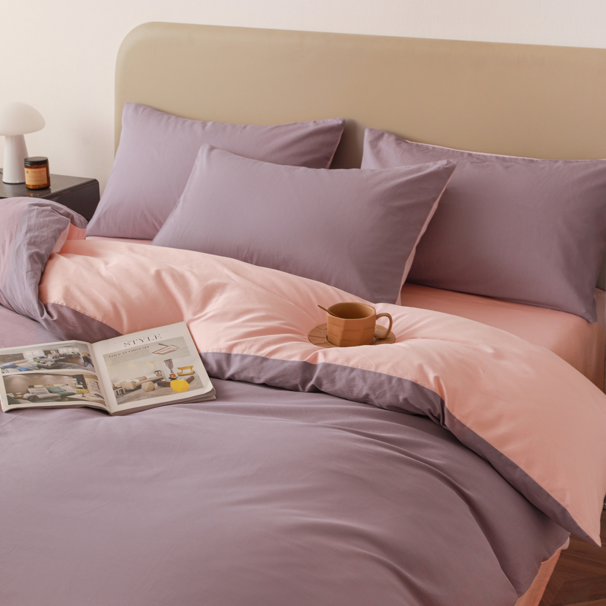 91家纺网 家纺一手货源 找家纺 盛馨家纺 2026新款40长绒棉ins美拉德色系纯色双拼全棉单品四件套单人纯色三件套 茄花紫+桃夭