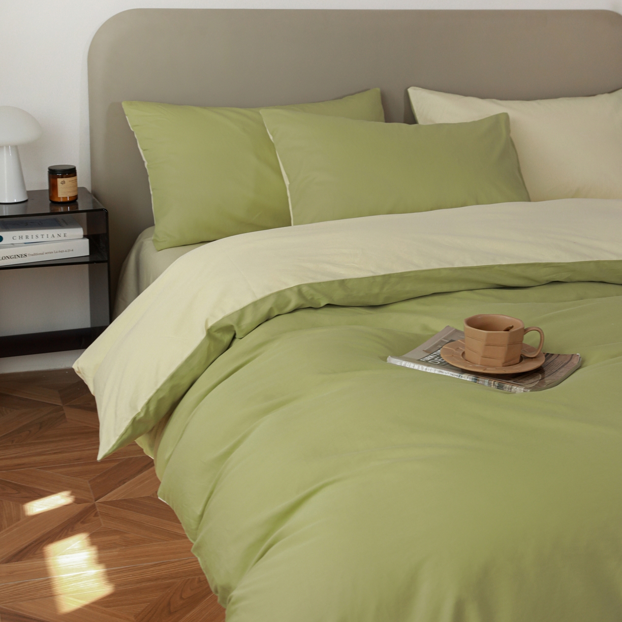 盛馨家纺 2026新款40长绒棉ins美拉德色系纯色双拼全棉单品四件套单人纯色三件套 豆绿+嫩黄