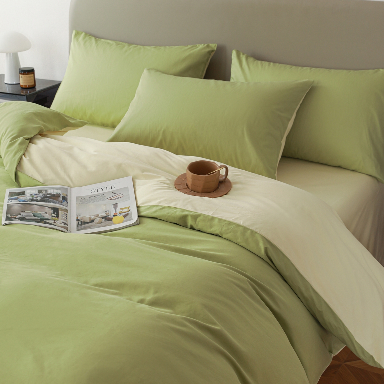 91家纺网 家纺一手货源 找家纺 盛馨家纺 2026新款40长绒棉ins美拉德色系纯色双拼全棉单品四件套单人纯色三件套 豆绿+嫩黄