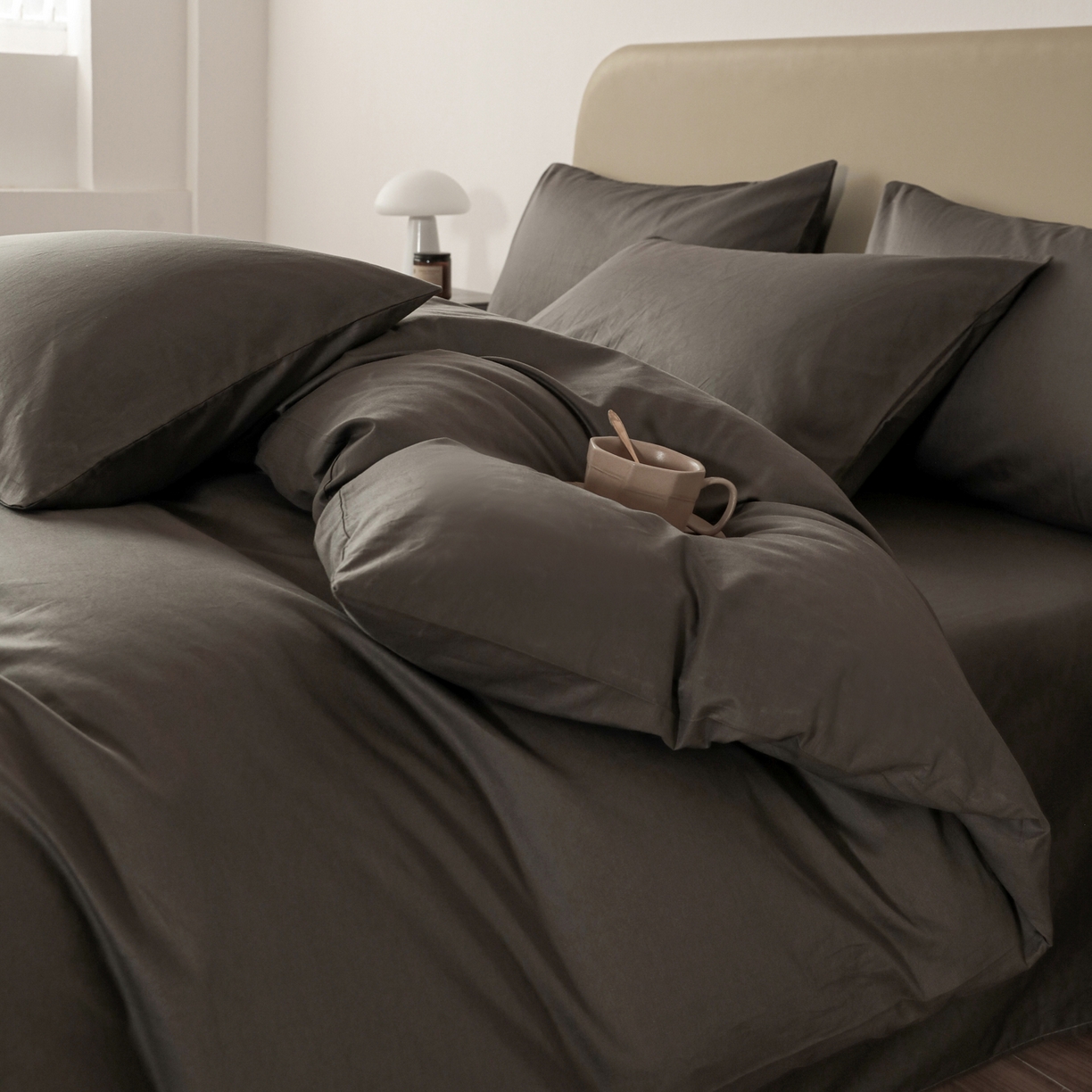 91家纺网 家纺一手货源 找家纺 盛馨家纺 2026新款40长绒棉ins美拉德色系纯色双拼全棉单品四件套单人纯色三件套 深麻灰