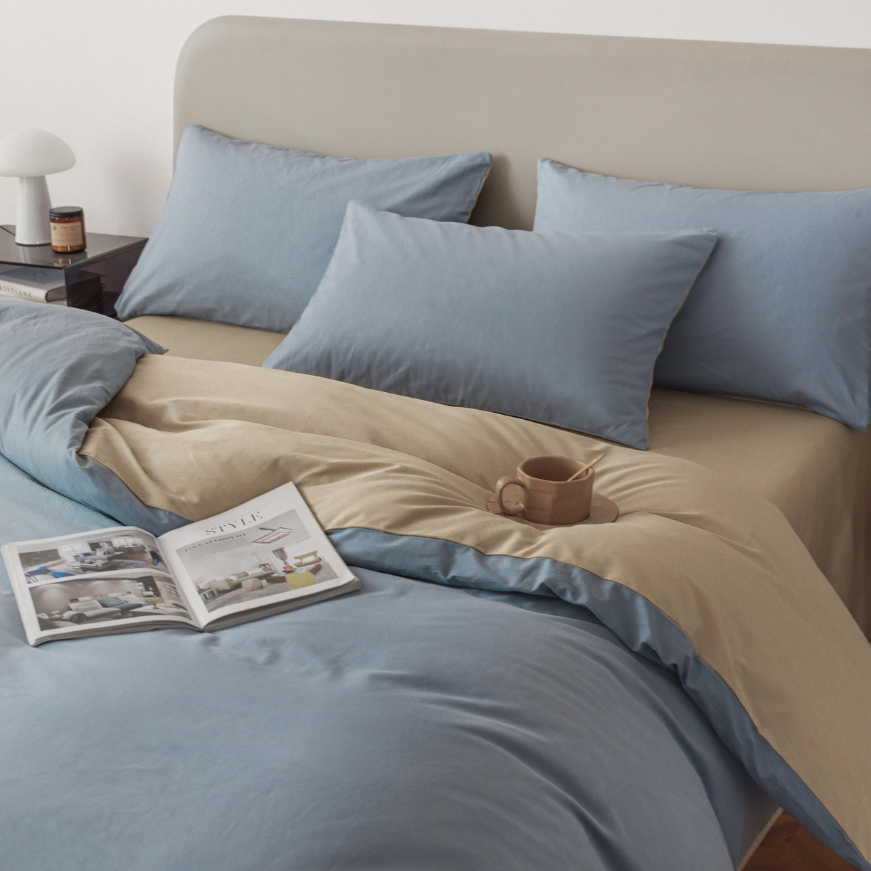 91家纺网 家纺一手货源 找家纺 盛馨家纺 2026新款40长绒棉ins美拉德色系纯色双拼全棉单品四件套单人纯色三件套 晴蓝+奶茶