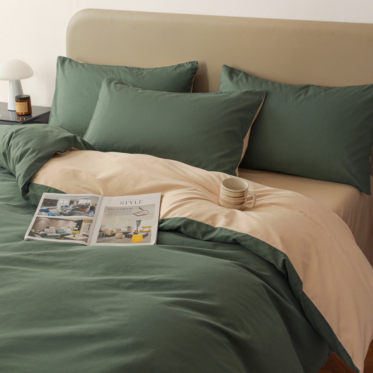 91家纺网 家纺一手货源 找家纺 盛馨家纺 2026新款40长绒棉ins美拉德色系纯色双拼全棉单品四件套单人纯色三件套 松绿+杏仁色