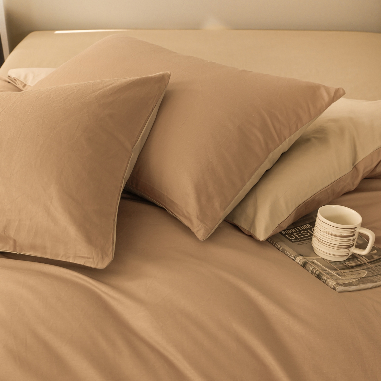 91家纺网 家纺一手货源 找家纺 盛馨家纺 2026新款40长绒棉ins美拉德色系纯色双拼全棉单品被套 黄琉璃+云光黄