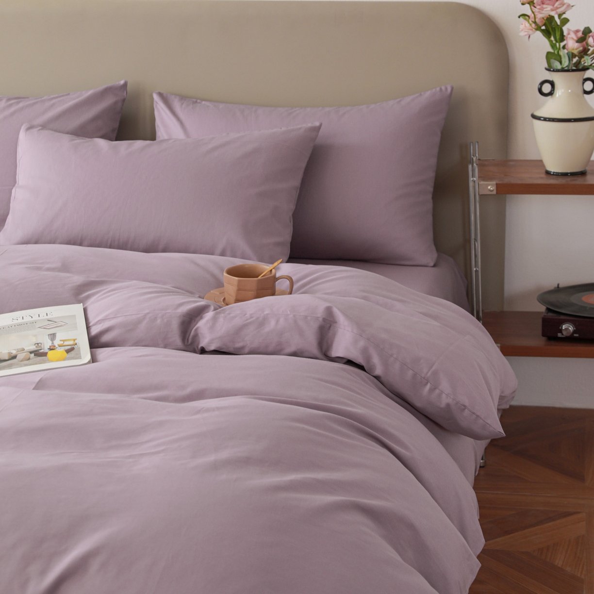 91家纺网 家纺一手货源 找家纺 盛馨家纺 2026新款40长绒棉ins美拉德色系纯色双拼全棉单品被套 茄花紫