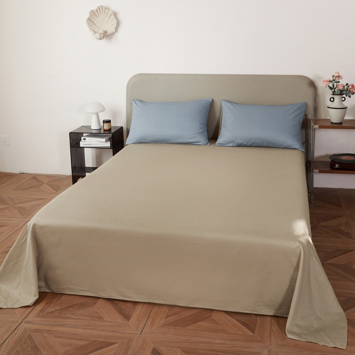 91家纺网 家纺一手货源 找家纺 盛馨家纺 2026新款40长绒棉ins美拉德色系纯色双拼全棉单品被套 晴蓝+奶茶