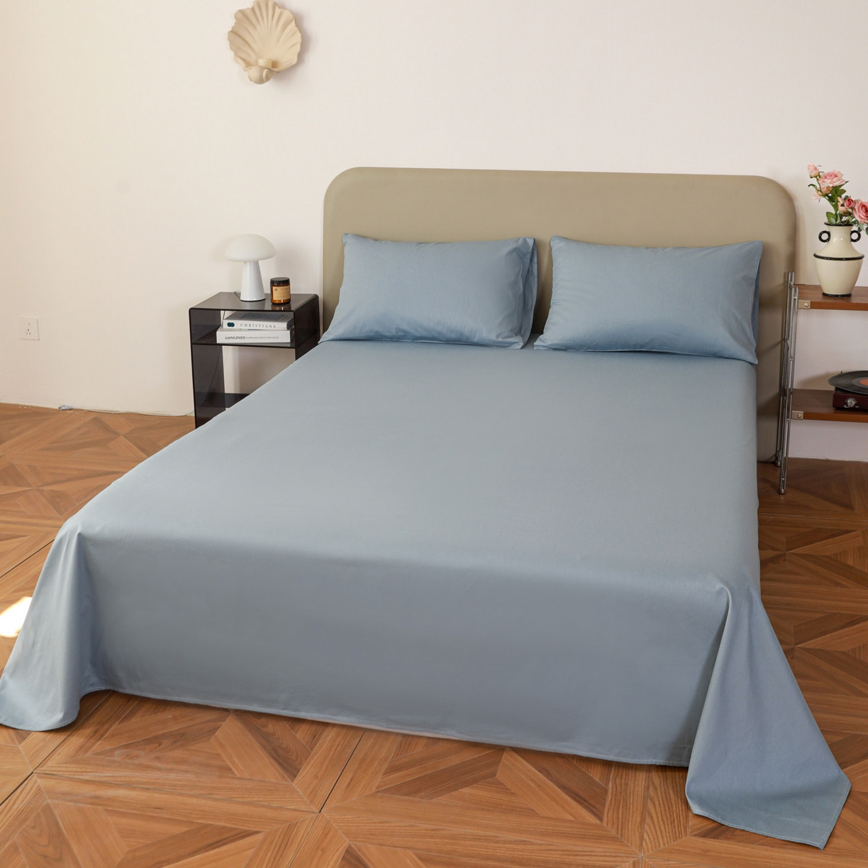 91家纺网 家纺一手货源 找家纺 盛馨家纺 2026新款40长绒棉ins美拉德色系纯色双拼全棉单品被套 晴蓝